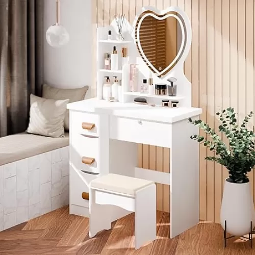 Vanity Desk with Heart-Shaped Mirror and LED Lights, Dressing Table with 4 Drawers and Opening Shelves, White Makeup Vanity with 3 Color Light, Vanity Table Set with Stool for Women White