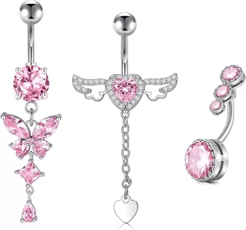 VCMART Belly Button Ring Belly Button Piercing Pink Heart Diamond Belly Rings for Women Surgical Steel Belly Piercing Jewelry 14G 10mm Silver
