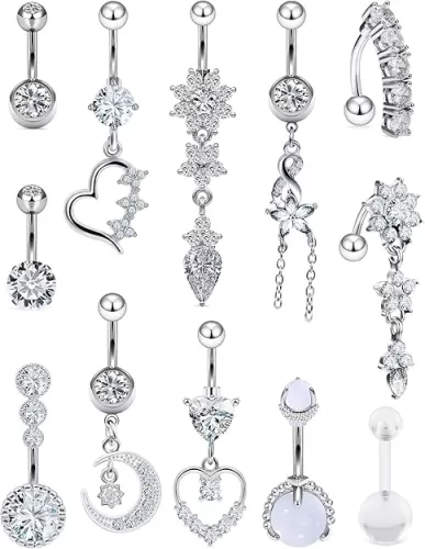 Vsnnsns 14G Dangle Belly Button Ring Piercing Jewelry 316L Stainless Surgical Steel Heart Flower CZ Reverse Navel Rings Dangling Belly Button Ring Piercing Jewelry for Women 14 Gauge Hypoallergenic