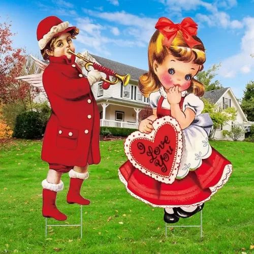 Wenqik 2 Pcs Valentine‘s Day Yard Signs Valentines Day Outdoor Decorations with Stakes Vintage Cupid Hearts Valentine Lawn Sign Sweet Yard Decor Valentines Day Party Wedding Anniversary Decorations