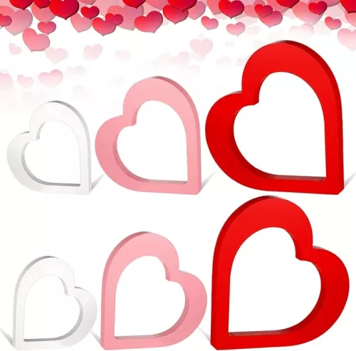Wenqik 6 Pcs Valentine's Day Heart Wooden Sign Heart Shape Table Decoration Sweet Love Decor Rustic Centerpiece for Wedding Anniversary Party Home Bedroom Kitchen Tabletop Decor, 3 Colors