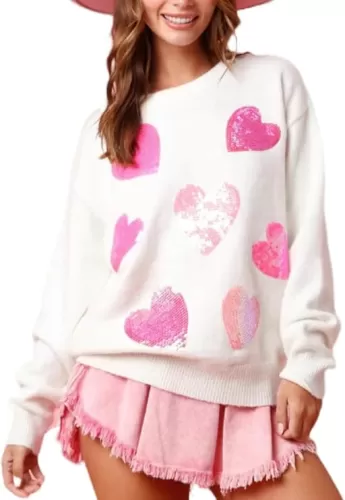 Womens Sequin Heart Sweatshirt Cute Cowboy Boots Crewneck Sweaters Sparkly Lips Oversized Long Sleeve Pullover Tops