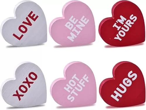 Wooden Valentines Day Decor Heart Blocks, 6PCs Freestanding Wood Heart Signs for Valentine Decorations, Heart Shape Table Blocks for Tiered Tray Decor, Rustic Farmhouse Valentine Decor for Home (6pcs)
