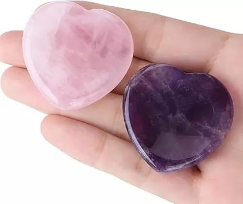 YATOJUZI 2PCS Thumb Worry Stone for Anxiety Healing Crystals Sets Amethyst Rose Quartz Heart Gemstone Pocket Stones Hand Carved Natural Crystal Stones Reiki Palm Stone for Meditation Gifts for Women