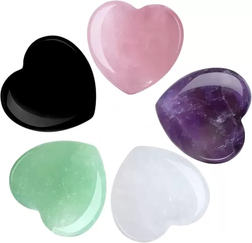 YATOJUZI 5PCS Natural Heart Healing Crystals Rose Quartz Amethyst Heart Love Stones Set Bulk Polished Pocket Palm Thumb Gemstones Chakra Reiki Balancing