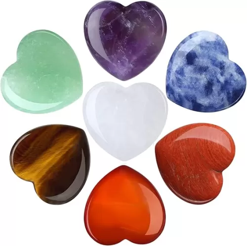 YATOJUZI 7 Chakra Natural Heart Healing Crystals Rose Quartz Amethyst Heart Love Stones Set Bulk Polished Pocket Palm Thumb Gemstones Chakra Reiki Balancing 0.8 inches