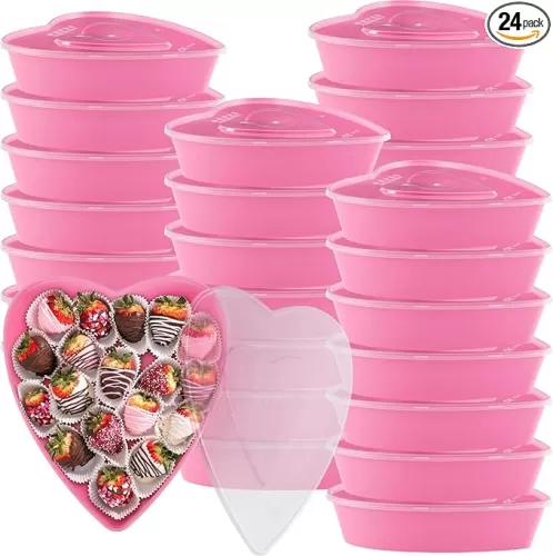 Yerliker 24 Pcs Plastic Food Storage with Lids 16.9 oz Heart Shaped Containers Heart Shaped Seasoning Containers Reusable Dessert Box for Mother Valentine Wedding Birthday Fruit