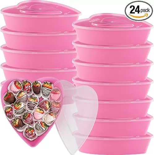 Yerliker 24 Pieces Valentine's Day Heart Shaped Storage Containers 22 oz / 650 ml Heart Shaped Box Plastic Storage Box with Lids Reusable Dessert Containers for Food Fruit Vegetable (Pink)