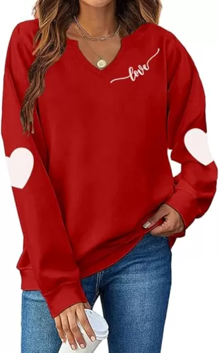 Ymoshoe Women V-Neck Valentine Sweatshirt Love Heart Elbow Patch Shirts Gift for Her