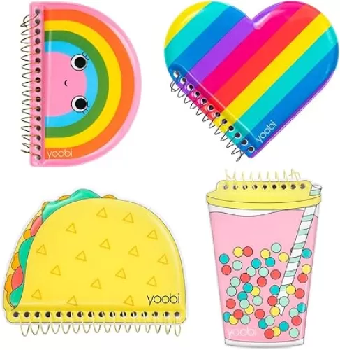 Yoobi Mini Notebooks for Kids & Adults – Mini Spiral Notebook Set with Puffy Covers (Taco, Heart, Rainbow & Boba) – Set of 4