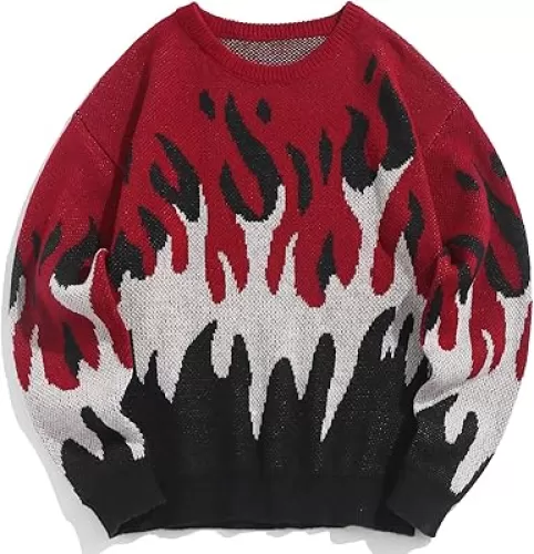 ZAFUL Mens Crewneck Oversized Sweaters Y2K Aesthetic Flame Graphic Knitted Sweater Casual Pullover Long Sleeve Jumpers
