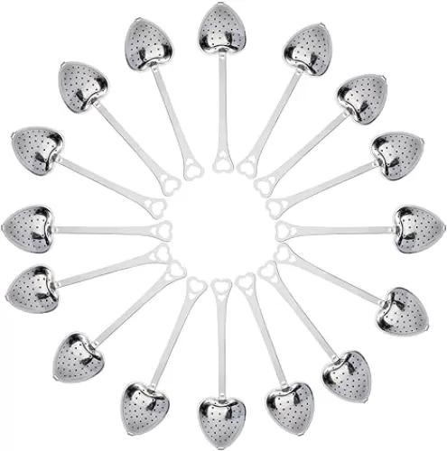 ZIIVARD 50 Pieces Tea Infuser Stainless Steel Long Grip Spoon Loose Tea Leaf Filter Heart Shaped Mesh Tea Strainer, Great Gift for Tea Lovers