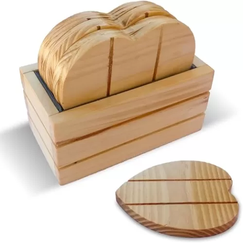 | Wooden Heart Shaped Coasters Set of 6 | with Gray Storage Stand (Home) | Perfect for Coffee, Tea, Mugs, Cups, Wine Glasses | Heart Shape (Beech (Set of 6 Coasters))