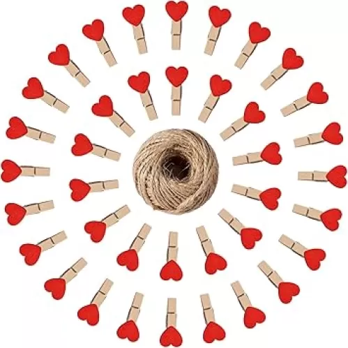 100Pcs Red Heart Clothespins with Jute String - 1.4 inch Rustic Wedding Photo Clips, Baby Shower Decor & Bulk Craft Supplies - Wooden Heart Clothes Pins for for Pictures