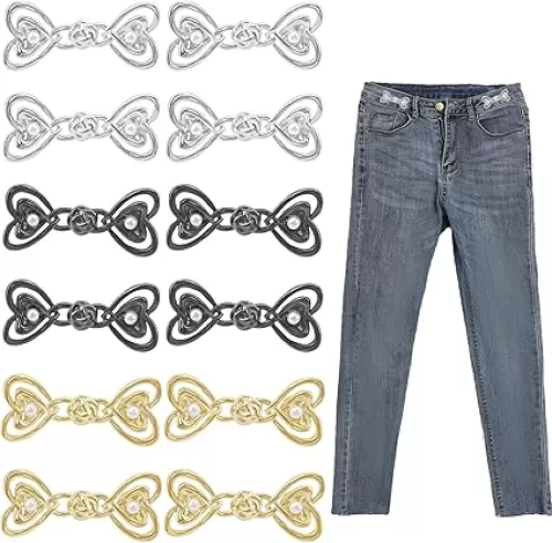 12 Pair Pant Waist Tightener, Adjustable Detachable Decorative Waist Buckles, Love Heart Pearl Button Pins for Jeans Waist Adjuster, No Sew Button for Jeans to Make Smaller