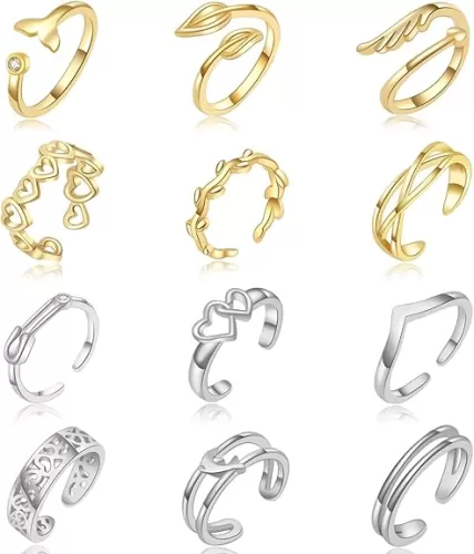 12 PCS Toe Rings for Women Adjustable Silver 18K Gold Plated Toe Ring Set Open Heart Flower CZ Star Band Tail Ring Summer Beach Foot Jewelry