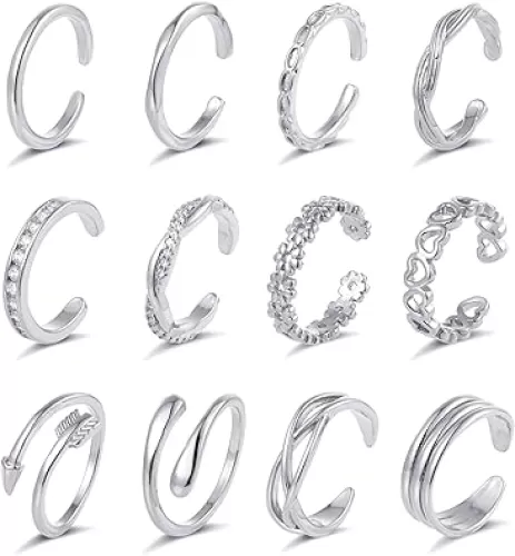 12PCS 18k Gold Plated Open Toe Rings CZ Wave Twist Arrow Celtic Knot Flower Heart Thin Band Ring Minimalist Vintage Retro Knuckle Finger Stacking Tail Ring Pack Summer Beach Foot Jewelry Set For Women Adjustable Gold Sliver Tone