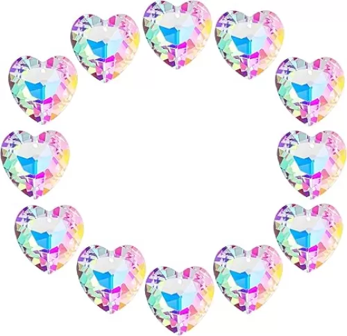 12pcs Colorful Crystal Heart Prism Suncatcher, Heart Prism Chandelier Drop Parts Window Sun Catcher Crystals Hanging Pendant, 27mm Rainbow Maker Wedding Decor