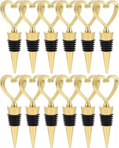 12Pcs Heart Shape Wine Bottle Stopper Love Design Beverage Bottle Stoppers Cork Plug Sealer for Wedding Valentines Day Birthday Party Favors (Golden)