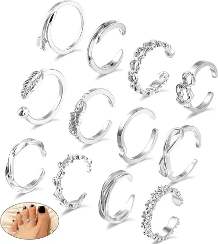 12PCS Silver Toe Rings for Women Non Tarnish Vintage Adjustable Heart Star Moon Silver Toe Ring Set with Velvet Bag perfect for Summer Beach Footwear