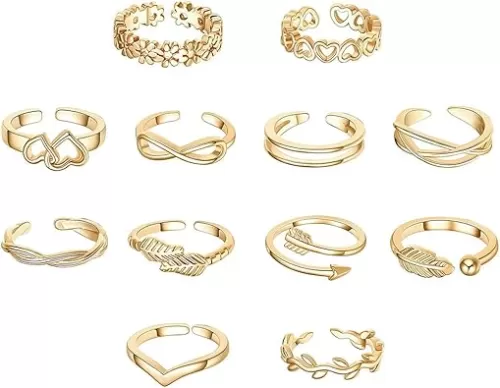 12PCS Toe Rings for Women 14K Gold/Silver Plated Adjustable Toe Ring Set Open Heart Arrow Infinity Rings Beach Foot Jewelry for Summer