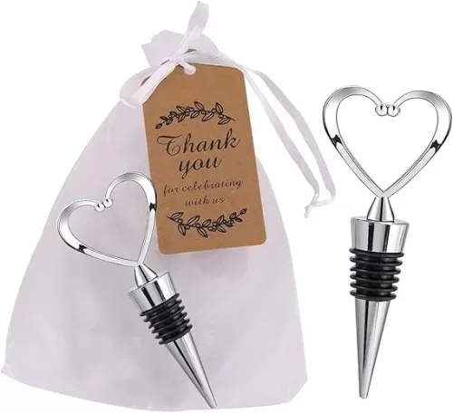 16Pcs Lovely Heart Wine Bottle Stoppers, Silver Beverage Reusable Plug Kitchen Bar Decor for Wedding Birthday Christmas Gifts with Kraft Tags (Silver Heart, 16)