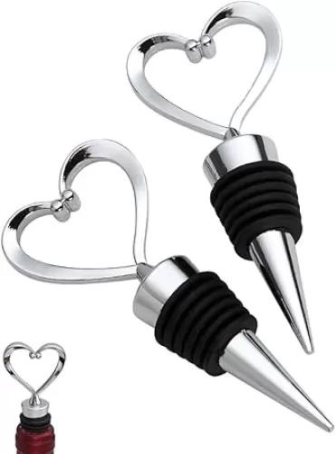 2 Pack Stainless Steel Heart Wine Bottle Stopper, Silver Love Design Heart Shape Wine and Beverage Bottle Stoppers for Wedding, Holiday Party, Birthday, Bridal Party, Shower or Engagement