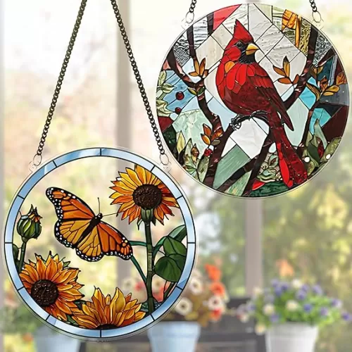 2 Pack Suncatcher for Window Hanging, Cardinal and Butterfly Acrylic Suncatcher, Art Decor for Home, Indoor, Garden, Housewarming, Gift for Mom, Grandma, Women, Friend, Bird Lover SCB-A6-B4