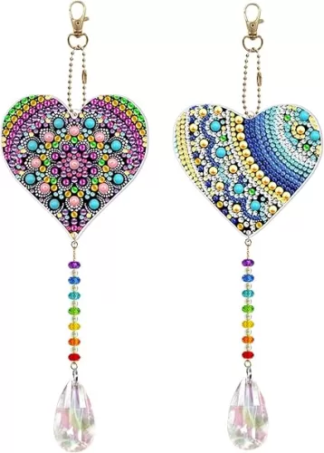 2 Pcs Diamond Art Painting Heart Suncatcher Hanging Ornament DIY Kits 5D Heart Diamond Art Sun Catcher Hanging Pendant Double Sided Special Shaped Crystal Paint by Number Window Porch Home Wall Decor