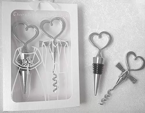 2 Piece Heart Shaped Wine Bottle Opener & Stopper Set, Chrome Finish, White, Wedding Souvenir Gift, Bottle Accessory Tool