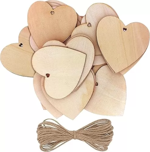 25 Pack of Wooden Hearts with 10m Natural Twine - 10x10cm Unfinished Wooden Shaped Heart Set with Holes - Decorations for Weddings, Parties, Anniversaries, Personalised Gifts, Arts and Crafts