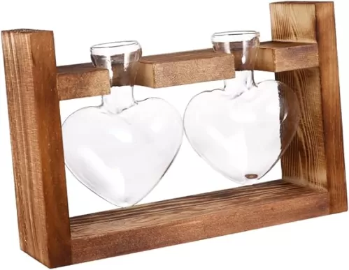 2Pcs Heart-Shaped Glass Vases with Wooden Rack Hydroponics Planter for Green Plants Retro Glass Vase Adornment for Home and Office Decoration