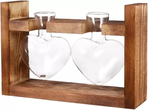2Pcs Heart Shape Glass Vases with Wooden Stand Hydroponic Plant Container for Home Decor Ideal for Tulips Roses and Flower Arrangements