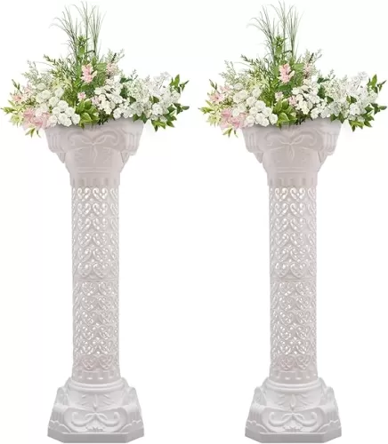 2Pcs White Roman Columns, Wedding Landscaping Roman Pillar, Plastic Heart-shaped Columns Decor Stand, Hollow Column Flower Stand for Party Event Mother's Day Decorations, 10.63*34.65in