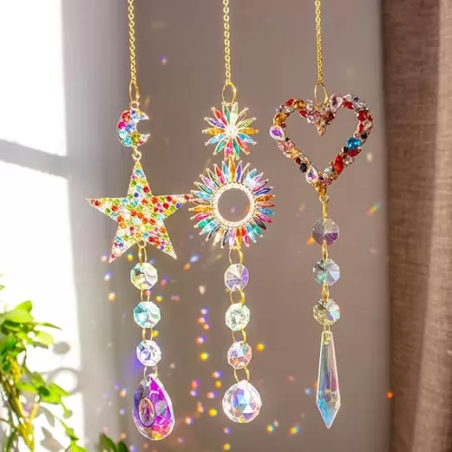3 Pieces Colorful Suncatcher Windows Hanging Decor Prism Sun Catcher with Chain Pendant Ornament Crystal Balls Sun Stars Heart Shape for Gift Home Party Decoration