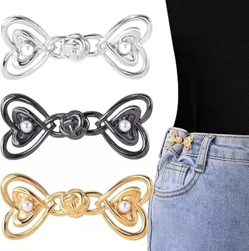 3 Sets Heart Pant Waist Tightener, Adjustable Jeans Button Pin Clips, No Sew Detachable for Loose Jeans to Make Smaller Instant Silver Gold Black