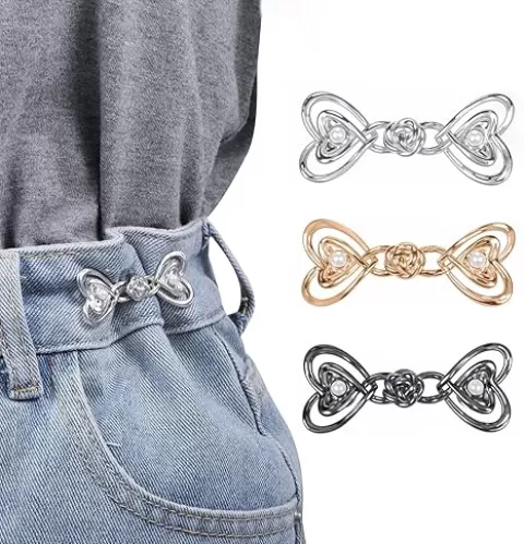 3 Sets Pants Waist Tightener Heart Shaped Jean Buttons Pins Reusable Adjustable Detachable Cincher Clips Instant No Sew Decoration Accessories for Loose Women Jeans Clothing Dresses Skirts