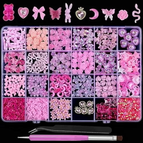 3D Nail Charms Butterfly Bear Rose Flower Bow Snake Rabbit Animal Shaped Hollow Star Heart Pearls Jewelry for Nail Art Design DIY Crafts Accessories (Pink)