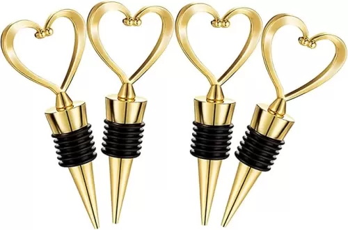 4 Pcs Gold Stainless Steel Love Design Wine Bottle Stoppers, Heart Shape Wine and Beverage Bottle Stoppers for Guests