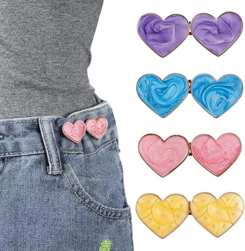 4 Sets Heart Pant Waist Tightener, No Sewing Waist Adjuster for Loose Pants Reusable Adjustable Safety Pins 4 Colors Clip Brooch for Clothes Jeans Skirts Dresses Decoration Accessories