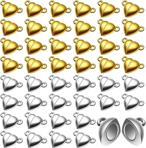 48 Pieces Heart Shaped Magnetic Clasps for Jewelry Gold Silver Bracelet Clasps Closures Magnetic Breakaway Converter for Bracelet Necklace DIY Making Wedding Jewelry Accessories