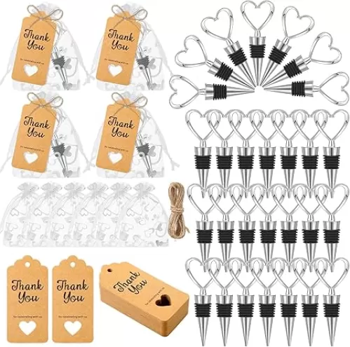 48 Set Heart Shaped Wine Beverage Bottle Stopper Party Favors Bulk Love Design for Guests with Sheer Bags, Labels, Rope for Valentines Souvenir Gifts Engagement Wedding Bridal Shower Supplies (Silver)