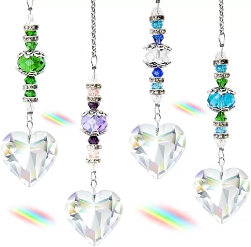 4pcs Crystal Suncatcher, Clear Heart Crystal Sun Catcher Hanging Rainbow Prisms Ball with Chain for Indoor Window Chandelier Garden Home Wedding Christmas Valentines Day Decor (Heart Shape)