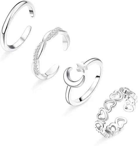 4Pcs Toe Rings Set for Women Silver Gold Plated Cubic Zirconia Heart Leaf Flower Moon Star Adjustable Toe Band Ring Finger Nail Rings Summer Beach Foot Jewelry