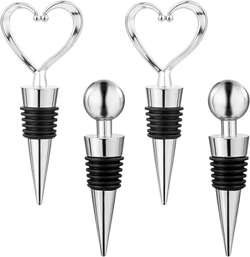 4pcs Wine Cork, Heart Wines Stopper, Reusable and Leak-Proof Toppers for Wines Bottles, Zinc Alloy and Rubber, Bottle Stoppers for Home Bar and Parties