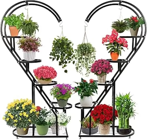 5-Tier Metal Plant Display Rack - Heart-Shaped Ladder Stand with Hanging Hooks - Black (2 Packs) Indoor/Outdoor