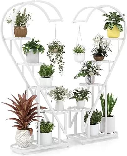 5 Tier Plant Stand, 2 Pack Heart Shaped Plant Stand Indoor Plant Stands for Multiple Plants, Metal Plant Stands with Hanging Hook Plant Shelf Outdoor for Home Decor, Living Room & Balcony