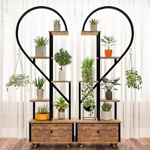 5-Tiered Tall Plant Stand Indoor, Heart-shaped Metal Plant Stand with Wheels and Hanging Hooks, Farmhouse Wood Plant Shelf Indoor for Living Room, Balcony, Garden, Rustic Brown (2 Pack)