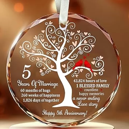 5th Wedding Glass Ornament for Couple, Wife, Husband or Parents, Unique Wood Idea, A Meaningful Keepsake to Celebrate Five Years of Love