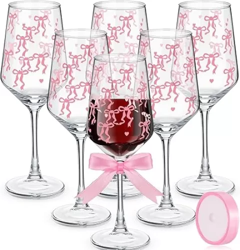6 Pcs Pink Bow Wine Glasses with Ribbon Coquette Clear Glass Cups Elegant Cute Bow Heart Cocktail Wine Goblets Gifts for Wedding Bride Shower Bachelorette Birthday Party